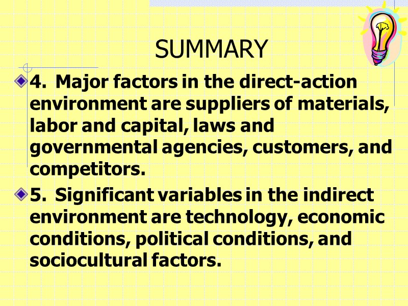 SUMMARY 4. Major factors in the direct-action environment are suppliers of materials, labor and